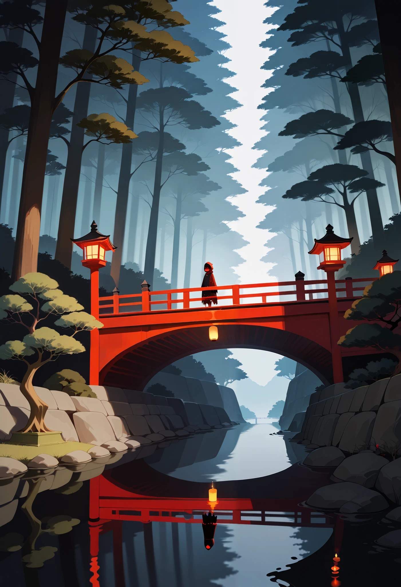 A spirit ,spectral, standing on a red bridge with lanterns on the sides with candles, Japanese-style pillared bridge , in a forest of bonsai trees and a ravine on the other side , floating on the bridge , long, broken black tunic with stains of mud and blood , red mask ,hood, Masterpiece,  Best Quality ,  ultra detailed,La  Best Quality ,High Resolutions,