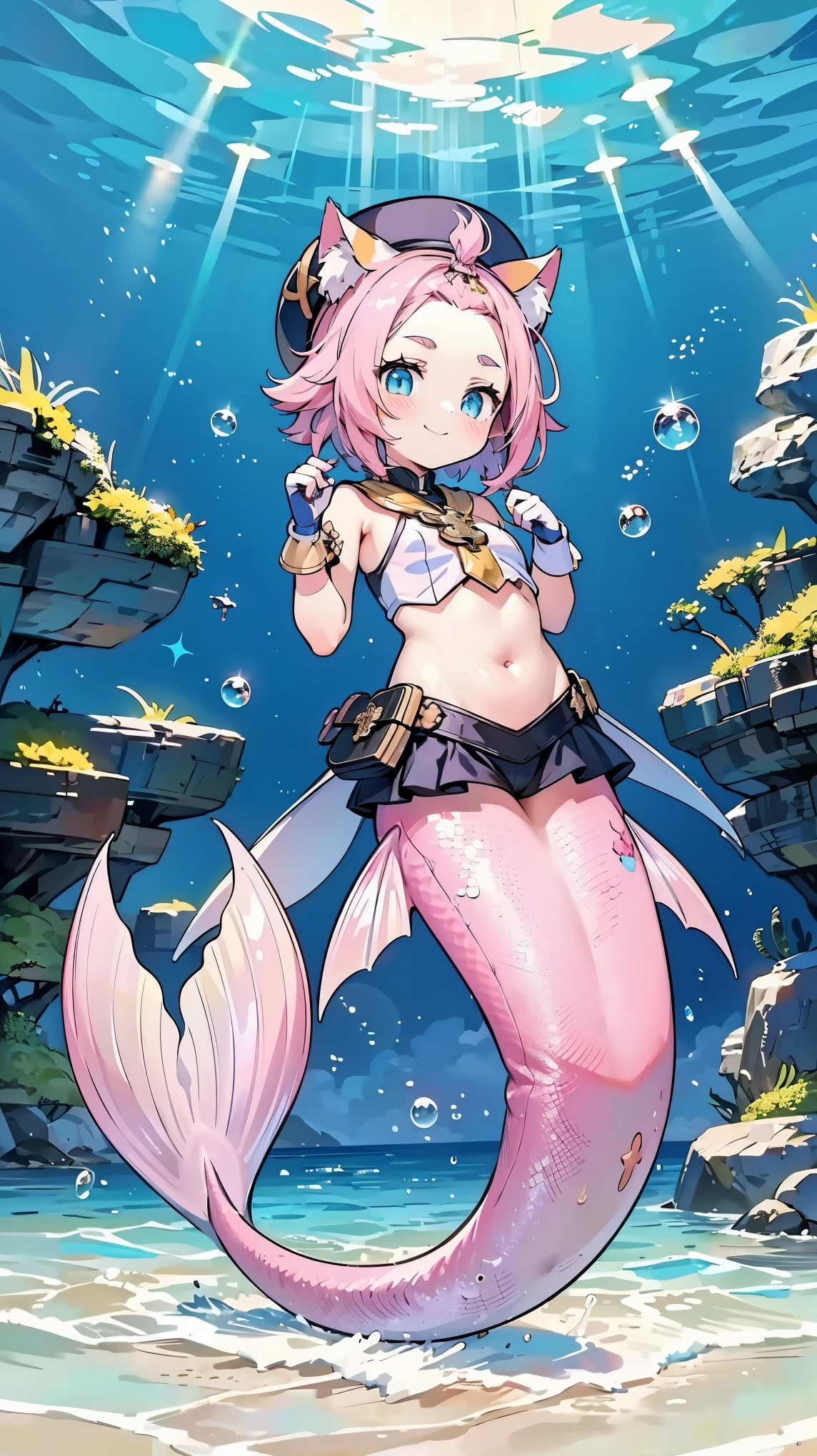 (masterpiece),( best quality ),(full five fingers ),1 Girl,Animal ears,Diona(Genshin Impact),Cat ears, pink hair,belly button,Animal ears绒毛,hat, blue eyes ,Gloves,白Gloves,solo,Mermaid,蓝色的Mermaid尾巴, Full Body Photo ,(Underwater:1.2),Smile