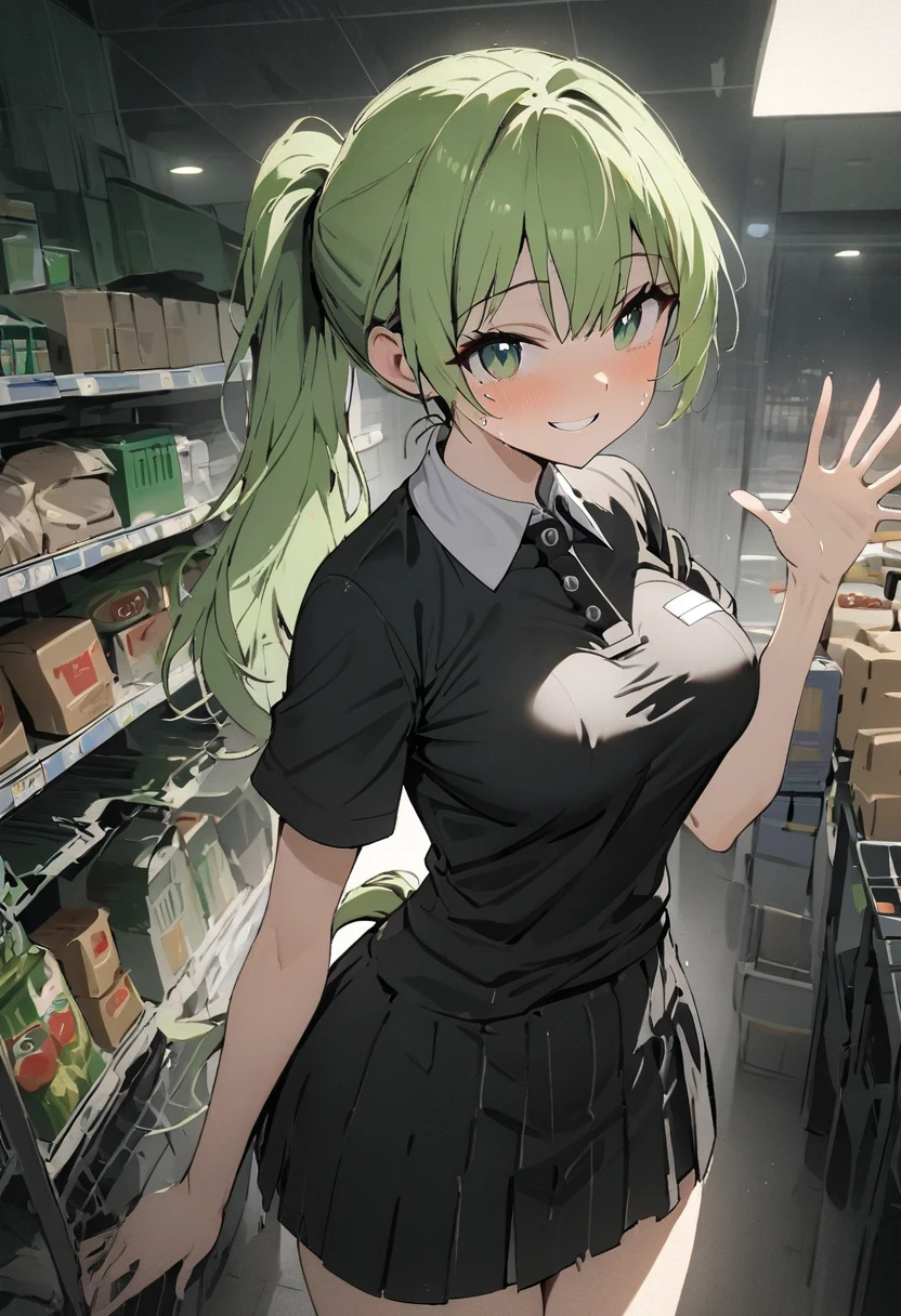 (Masterpiece), 1girl, store clerk uniform, perky breasts, polo shirt, messy, torn cloths, smiling, nervous, ponytail, green hair, green eyes, pony tail, short pony tail, standing, indoor, grocery store, light, dimly lit dark cloths, short skirt, waving at viewer, side profile