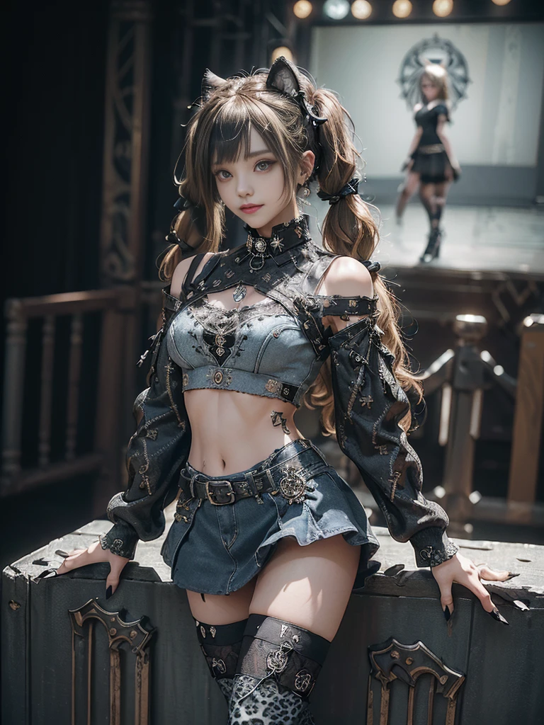 (Three Girls, 3 girls:1.5)、(Full Body View:1.4)、(Full body:1.4)、(Side view:1.1)、(Smiling with teeth showing:1.3),(Shibuya Gal:1.5)、(Hostess:1.4)、(gothic fashion:1.5)、(Punk RockVisual Kei:1.3)、(Futuristic baby doll in black, white and denim:1.5)、(A delicate jacket in denim, beige and navy:1.5)、(Denim garter belt:1.5)、(Denim and black and white bodysuit:1.4)、(Heart-shaped silver accessories:1.5)、(Brown Skin Belt:1.4)、(Blue High Heels:1.4)、(Lace patterned underwear:1.4)、20-year-old、NSFW,((Highest quality、In 8K、masterpiece:1.3))、Sharp focus:1.2、(Layered Cut、Beautiful boobs:1.1),Beautiful woman with perfect figure:1.4、(Doing an aerobics pose:1.3)、Slender Abs:1.2、Butt、Highly detailed face and skin texture、Detailed eyes、double eyelid,(Twin tails:1.3)、(Black brown hair:1.3)、Obscene、Gravure idol、(Luxurious amusement park at night:1.3)、(Make your legs thinner:1.4)、(Thin thighs:1.4)、(Slim Body:1.3)、(clavicle:1.1)