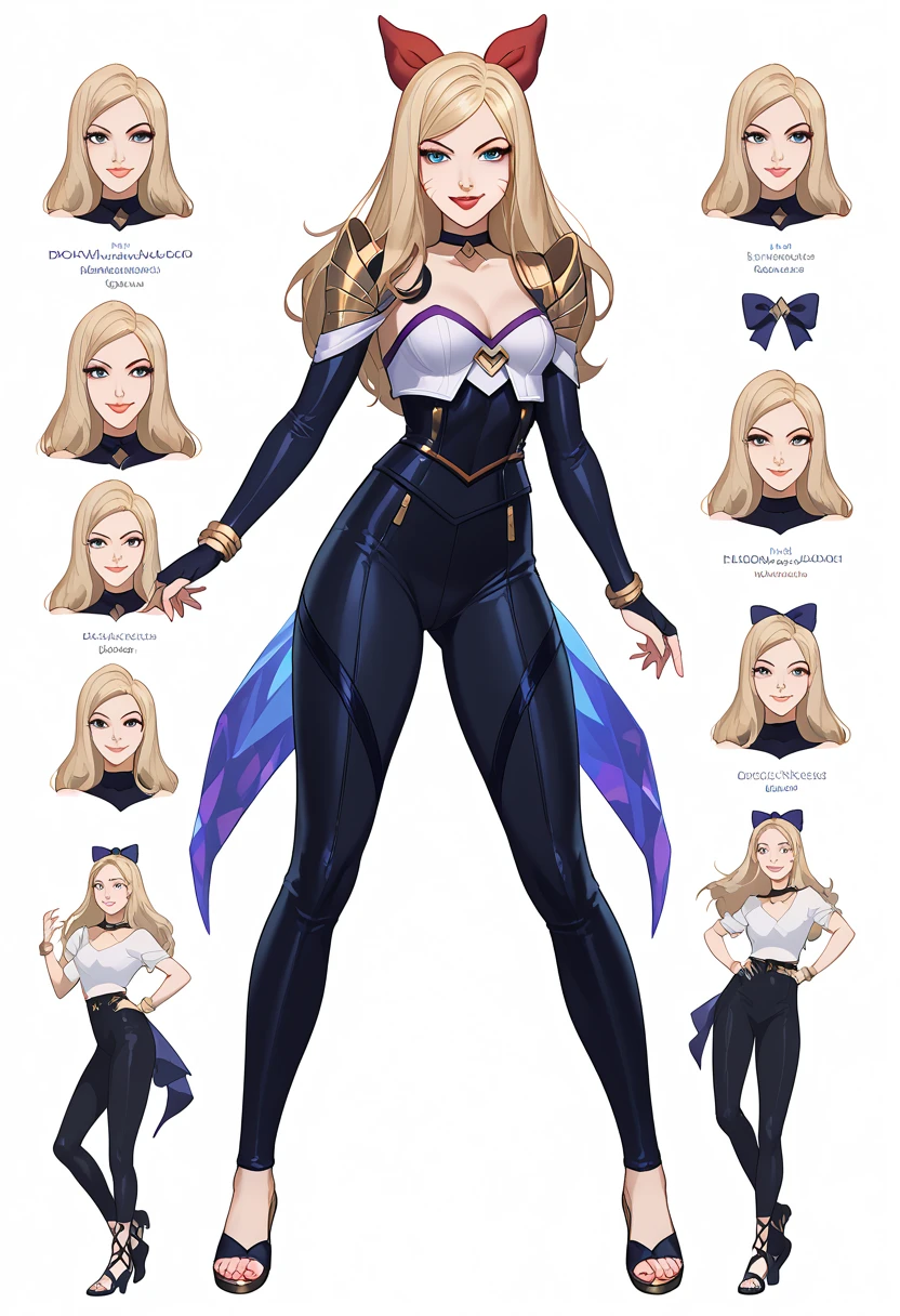 ((full body shot)) KDA Ahri LoL , ((character design sheet)), masterpiece, best quality, highly detailed, score_9, score_8_up, score_7_up, score_6_up, anime font,BREAK , 2girl, long hair, blue eyes, hair bow, small breasts, bow, looking at viewer, freckles, parted lips, smile, full body, red lips, lips, side front, she looks at you, your gauze hurts, fishnets, white background, neutral cast, dance pose, shoulder pads, dominatrix, leather ballet slipper gladiador sandals boots, gold, gloves

