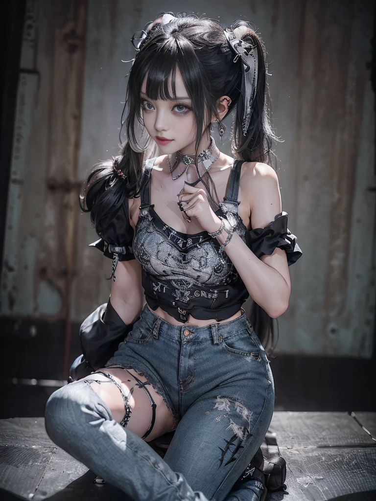 (Smiling with teeth showing:1.3),(Hollywood actress:1.5)、(Gothic Lolita style fashion:1.5)、(Punk RockVisual Kei:1.5)、(Wearing a sweater with intricate decoration:1.4)、(A mini skirt with delicate white, denim and charcoal embellishments.:1.5)、(Denim and light blue and white boots:1.3)、((belt))、(Numerous intricate patterns all over the costume:1.4)、(collar:1.3)、(Striped underwear:1.5)、20-year-old、NSFW、((Highest quality、In 8K、masterpiece:1.3))、Sharp focus:1.2、(Layered Cut、Huge boobs:1.1),Beautiful woman with perfect figure:1.4、(Dancing vigorously:1.3)、Slender Abs:1.2、Highly detailed face and skin texture、Detailed eyes、double eyelid,(Twin tails:1.3)、(Dark grey hair:1.3)、Gravure idol、(The background is the stage of the fashion show:1.3)、(Slim body:1.3),(Make your legs thinner:1.4),(clavicle:1.1)