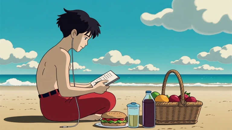  There's an 18-year-old boy in the distance . Oval face,  white skin ,  Blue black hair ,  Deep blue eyes , Curly Hair ,  A well-balanced, muscular body, comfortable clothes . Put on earphones.  He's reading a book while picnicking at the beach.  Cool atmosphere.   Picnic basket and fruit in front of the boy , juice, He has a sandwich .  He's looking at a book . 