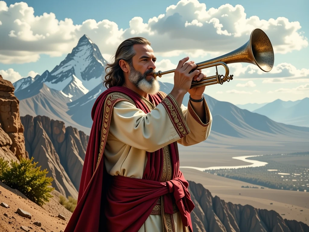 man from biblical times, playing a trumpet on top of a mountain, 8k, ultra realistic