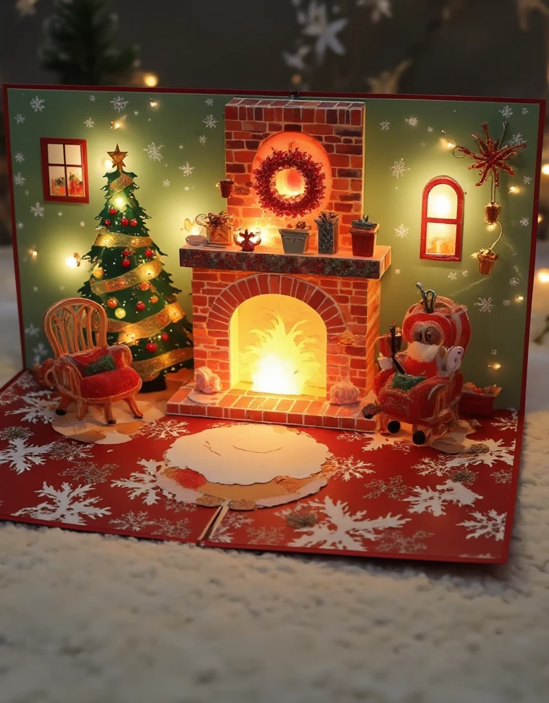 Warm fireplace, Christmas, inside a house ,Cardboard art engraving