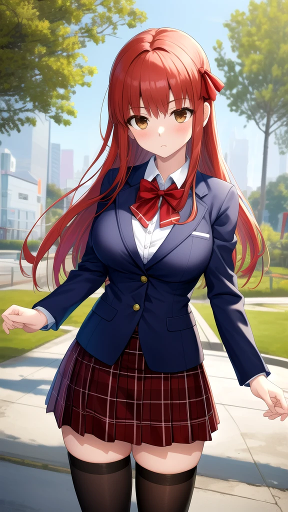 (((Spread your legs)))、Uniform Blazer、Beautiful beauty、Long red hair、((whole body))、(((Photo taken from below)))、school gate、Big Breastini skirt、panties are purple lace、Japanese、tall、Twin tail hairstyle、18-year-old