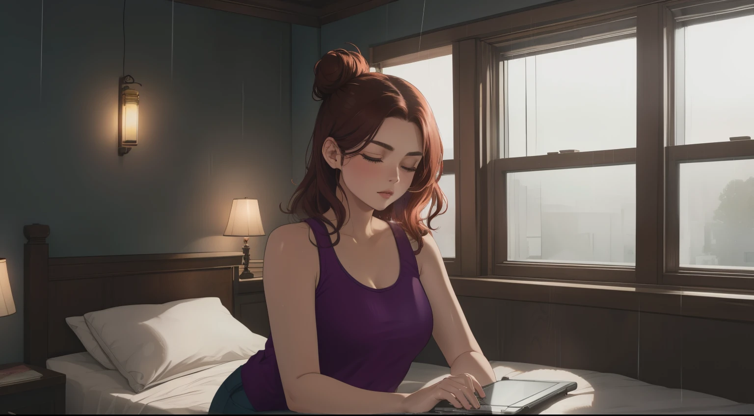 "A cozy and cinematic bedroom with a dark, rainy atmosphere featuring A woman big bobs with short wavy auburn hair tied in a loose bun, wearing a lush pink tank top and fit jeans, The woman is focused on typing on a laptop placed on the desk. The room is illuminated by moody neon lights in shades of deep purple and soft green, casting a mysterious and calming glow on the walls. A vintage classic TV is playing static or an old movie, adding a nostalgic touch. Through the large glass window, heavy rain is visible, with water droplets streaming down the glass, creating a serene ambiance. The room features minimalistic furniture, with a comfortable bed and a small nightstand. The scene is rich with detail, evoking a sense of solitude and introspection."