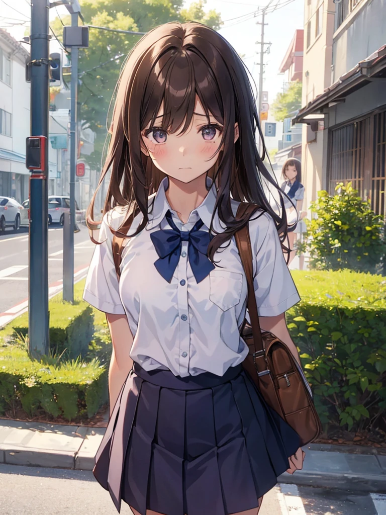 long hair, looking at viewer, smile, bangs, blue eyes, multiple girls, skirt, brown hair, shirt, black hair, short sleeves, brown eyes, long hair, standing, white polo shirt, pleated skirt, open clothes, shoes, 黒いニーハイソックス, striped, collared shirt, hand up, 3girls, bag, kneehighs, plaid skirt, brown footwear, flying sweatdrops, loafers, grey skirt, school bag, diagonal stripes, train station、skirt lift,Hand in panties、パンツの中に手を入れる、オナニー、マスターベーション、dildo in pussy、足を開く