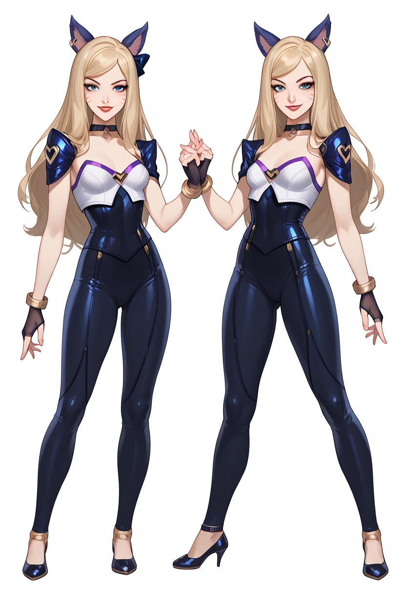 ((full body shot)) KDA Ahri LoL , ((character design sheet)), masterpiece, best quality, highly detailed, score_9, score_8_up, score_7_up, score_6_up, anime font,BREAK , 2girl, long hair, blue eyes, hair bow, small breasts, bow, looking at viewer, freckles, parted lips, smile, full body, red lips, lips, side front, she looks at you, your gauze hurts, fishnets, white background, neutral cast, dance pose, shoulder pads, dominatrix, leather ballet slipper , gold, gloves

