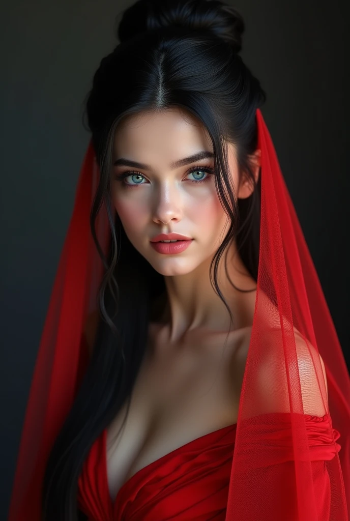 (highest quality,4k,8k,High resolution,masterpiece:1.2),super detailed,(realistic,realistic,realistic:1.37),beautiful detailed blue eyes,long black hair in a high bun,detailed red veil,sharp focus,Professional,Bright colors,dark background,studio lighting、cleavage
