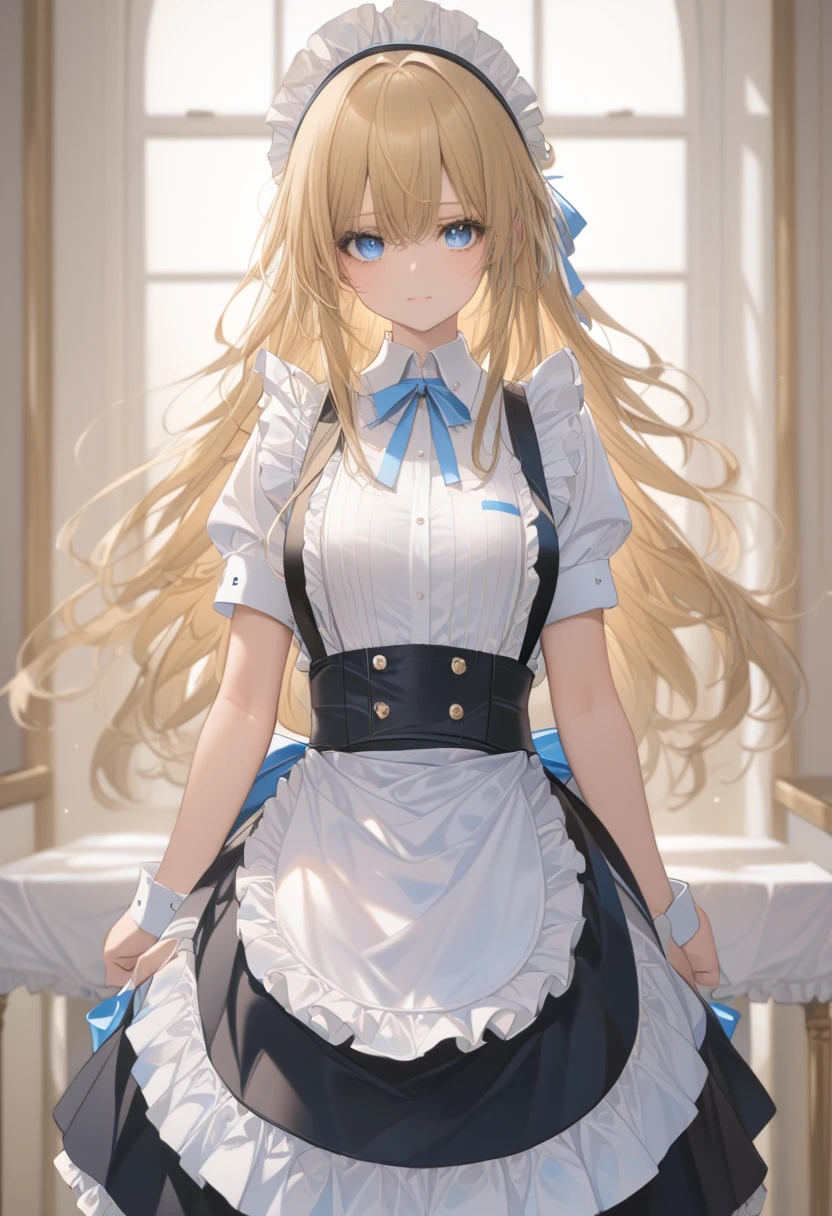 (Masterpiece),(best quality),one Girl, gold hair, straight hair,catch light, blue eyes,Maid, Maid clothes, standing, 