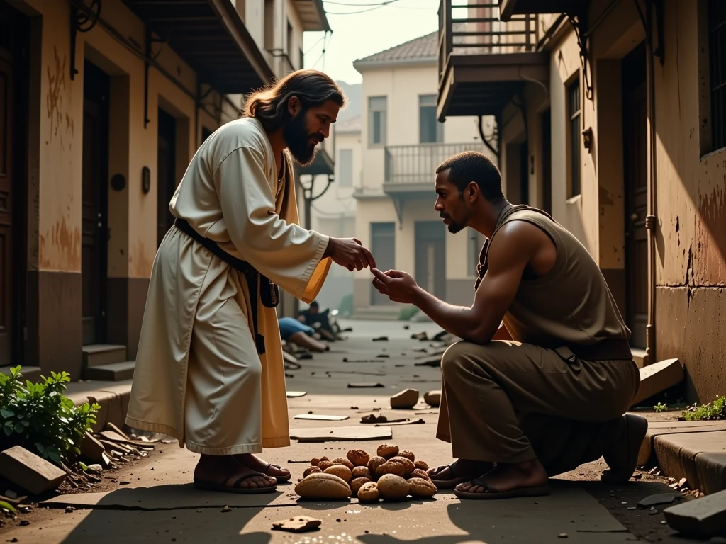 Jesus delivering bread to a poor man on the street, 8k, ultra realistic