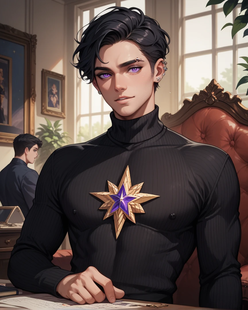 ((High quality)), ((Masterpiece)), (black hair), 1boy, pale skin, piercing purple eyes, super attractive, black turtleneck sweater, (expensive clothings), 