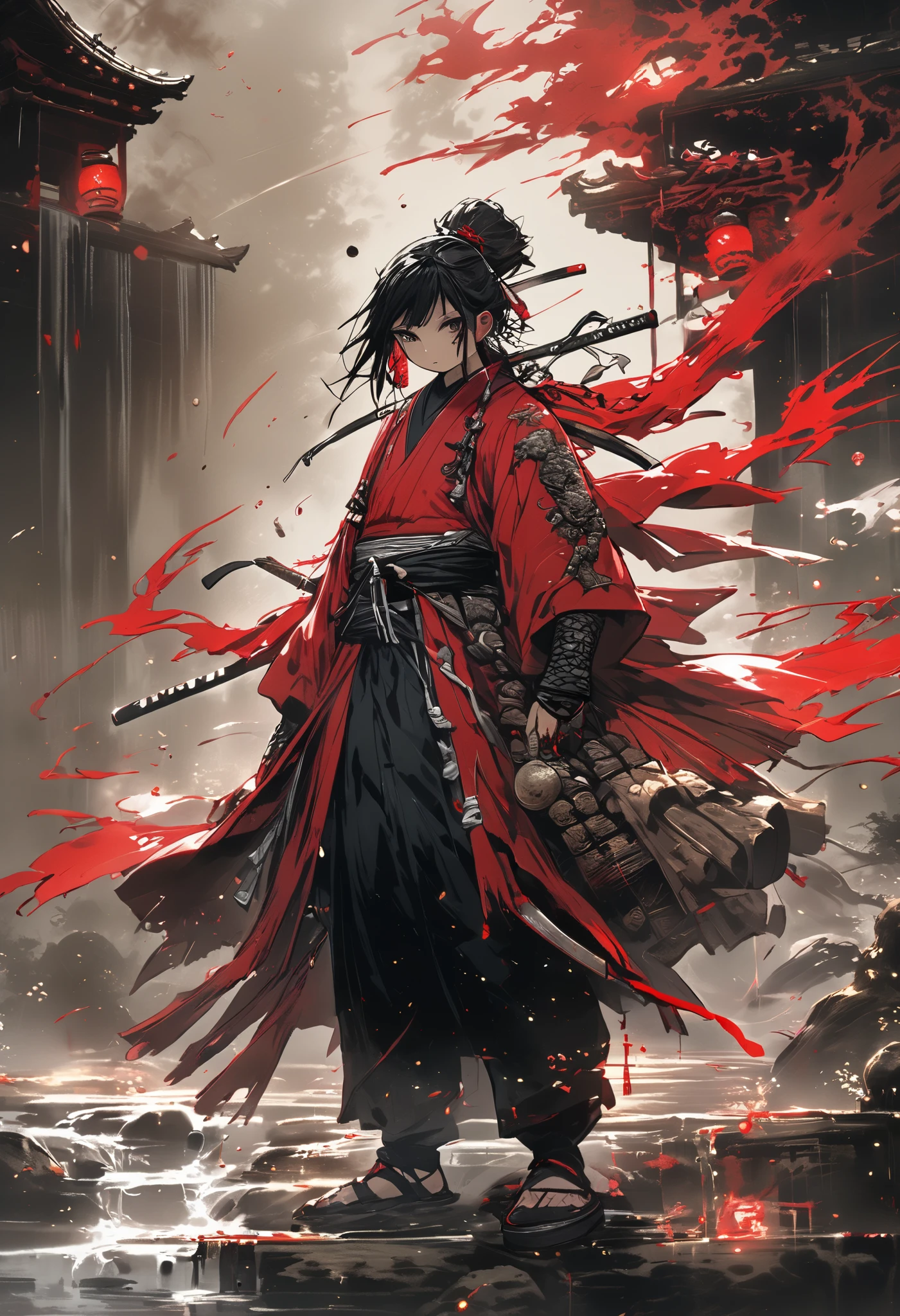 A spirit ,spectral, standing on a red bridge with lanterns on the sides with candles, Japanese-style pillared bridge , in a forest of bonsai trees and a ravine on the other side , floating on the bridge , long, broken black tunic with stains of mud and blood ,Katana with the red blade,hood, Masterpiece, Best Quality , ultra detailed,La Best Quality ,High Resolutions,