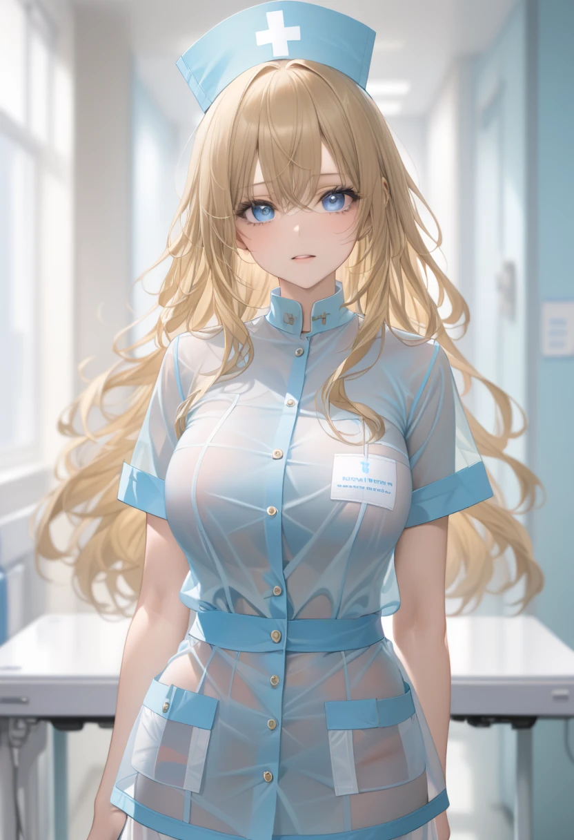 (Masterpiece),(best quality),one Girl, gold hair, straight hair,catch light, blue eyes,nurse, See-through,standing, 