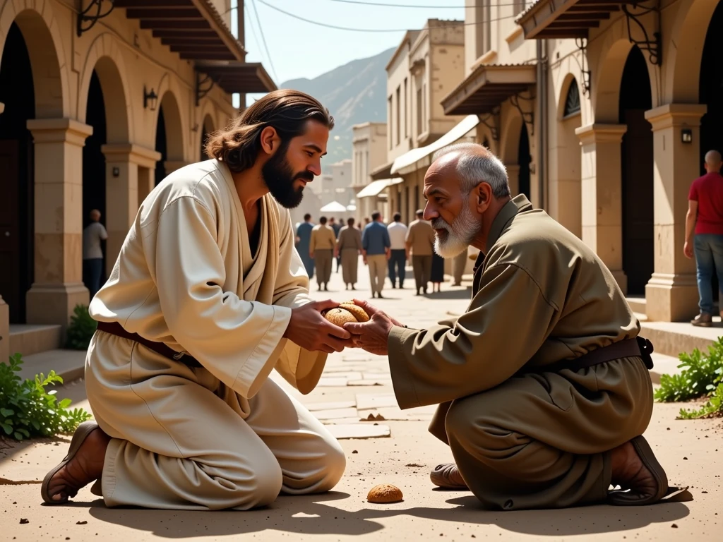 Jesus delivering bread to a poor man on the streets of Galilee, 8k, ultra realistic