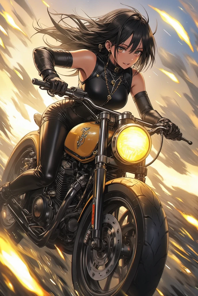 One beautiful woman riding a motorcycle tuned to Cafe Racer 、 yellow headlight、 rocket cowl 、Overall view of the motorcycle、glowing exhaust pipe、Movement illustration, Ultra Wide Angle, 