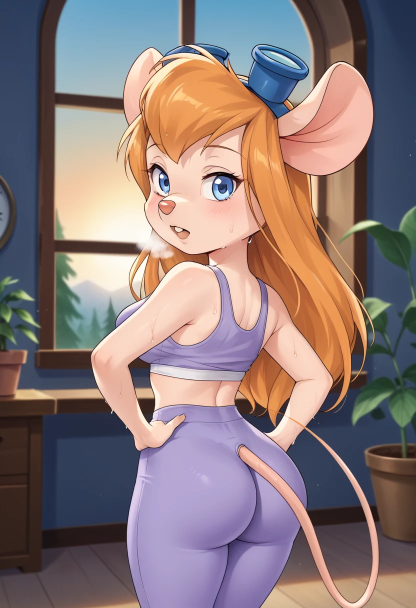 CARTOON_gadget_hackwrench_ownwaifu,
1girl, furry female, long hair, orange hair, blue eyes, bangs, sidelocks, buck teeth, animal ears, mouse ears, animal nose, mouse tail, body fur, tail, goggles, goggles on head, eyewear on head, breasts, medium breasts, sweaty, tired expression, hands on hips, wet with sweat, out of breath 
cleavage, purple yoga pants, gray sports tanktop
((masterpiece)),((best quality)),(highres, absurdres), original, official_art, chromatic_aberration, bokeh, depth_of_field, window, wisteria, loaded_interior, skylight, sunset, indoors, window_shade, potted_plant, focused, looking at viewer, solo, cowboy shot, back view, big sexy ass, big curves, big ass