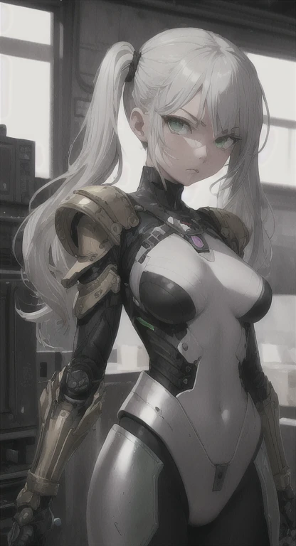 1 girl, high quality, (short hair), forehead, (medium breast), (straps on thighs:1.3), white background, plants, (stocking), (sweaty:1.1), (nipples:0.8), thick thighs, (middle Ages:1.2), (cameltoe:1.1), suit, (cyborg:1.2), (armor), white hair, hair band
