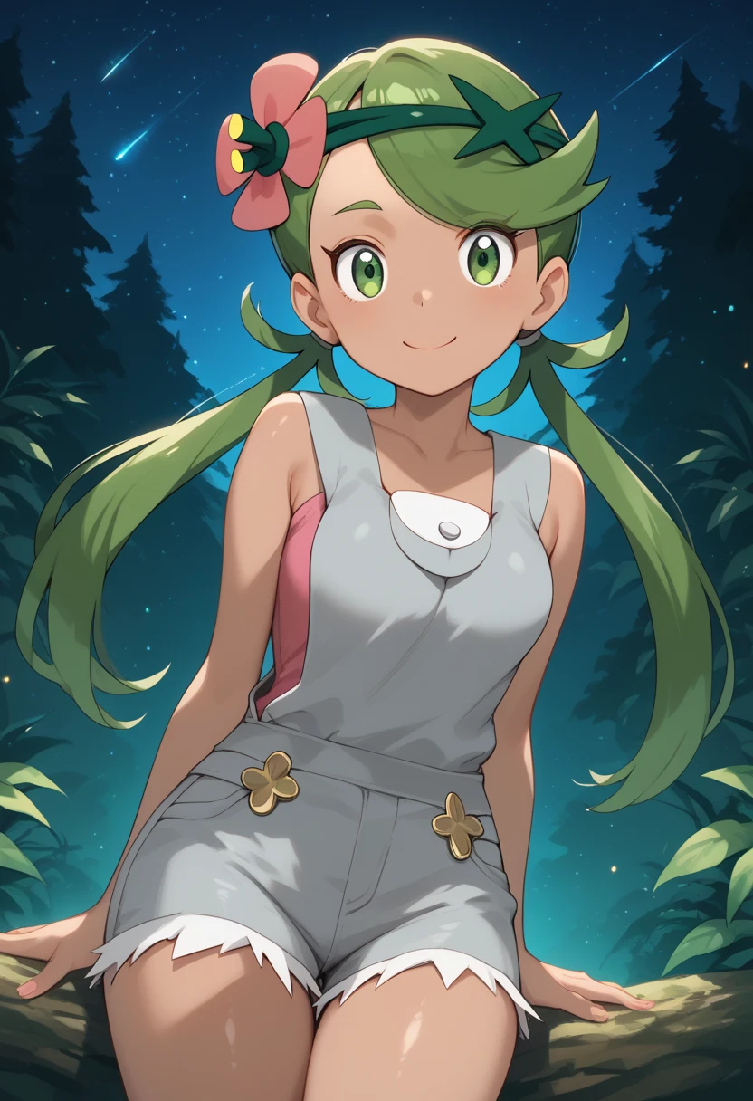 masterpiece, best quality, 1girl, solo, (curvy), cute, eyelashes, (beautiful eyes),
stars, night, luminescent background, magical forest, Mallow, green hair, green eyes, hair flower, hair ornament, grey overalls, pink shirt, sleeveless, grey shorts,
smile, looking at viewer, shiny skin,