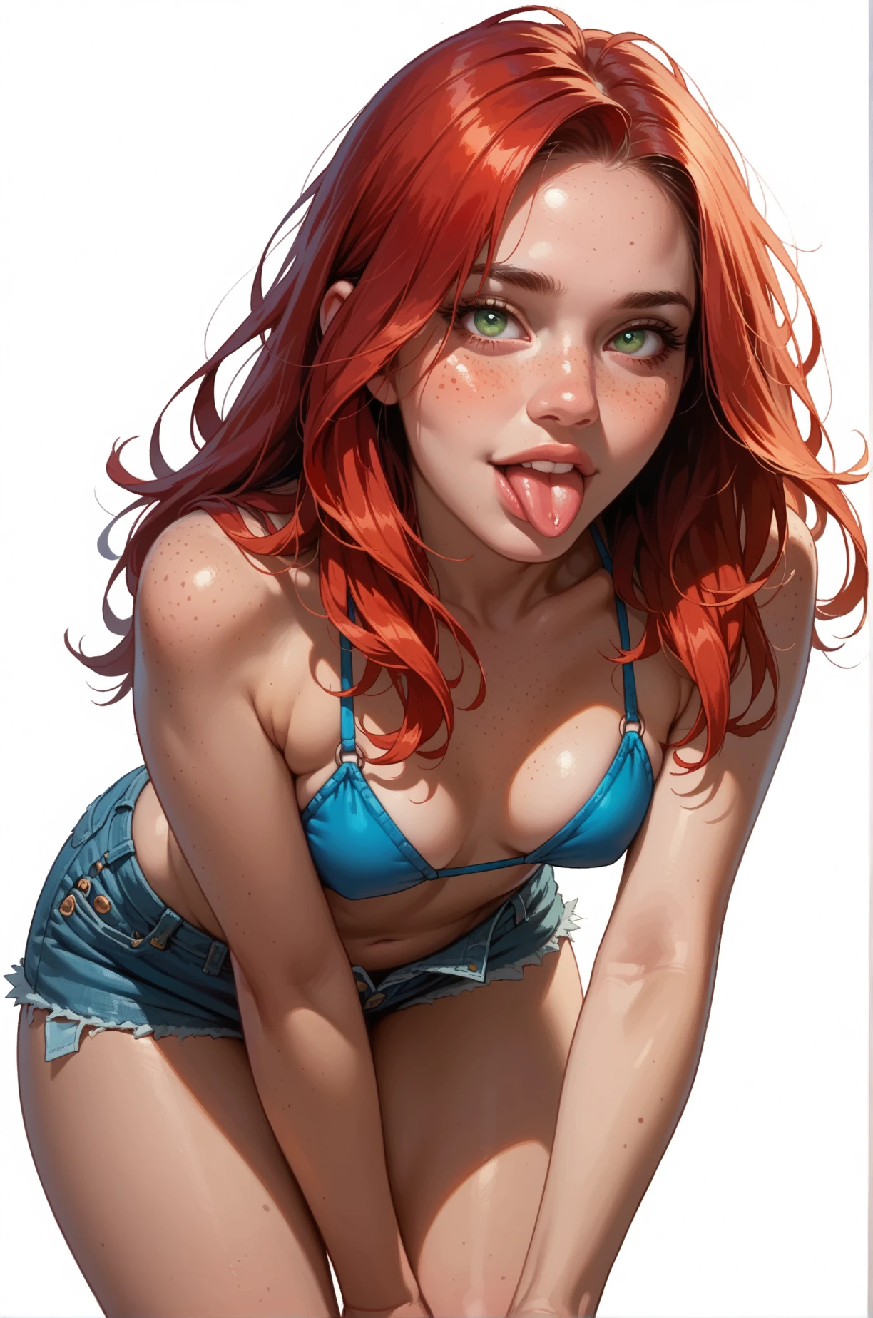 score_9, score_8_up, score_7_up, cartoon of a girl, solo, sexy, slutty, pale skin, freckles, green eyes, red hair, straight hair, denim shorts, blue bikini top, small breast, wide hips, sticking out her tongue, leaning forward, in knees, standing, white background
