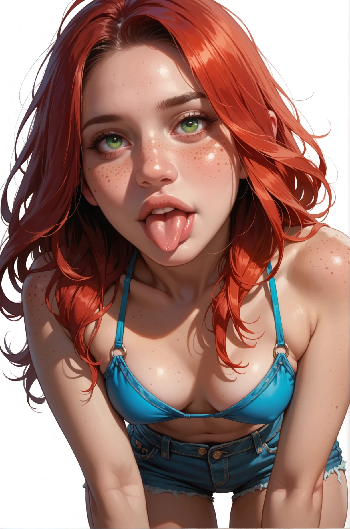 score_9, score_8_up, score_7_up, cartoon of a girl, solo, sexy, slutty, pale skin, freckles, green eyes, red hair, straight hair, denim shorts, blue bikini top, small breast, wide hips, sticking out her tongue, leaning forward, in knees, standing, white background
