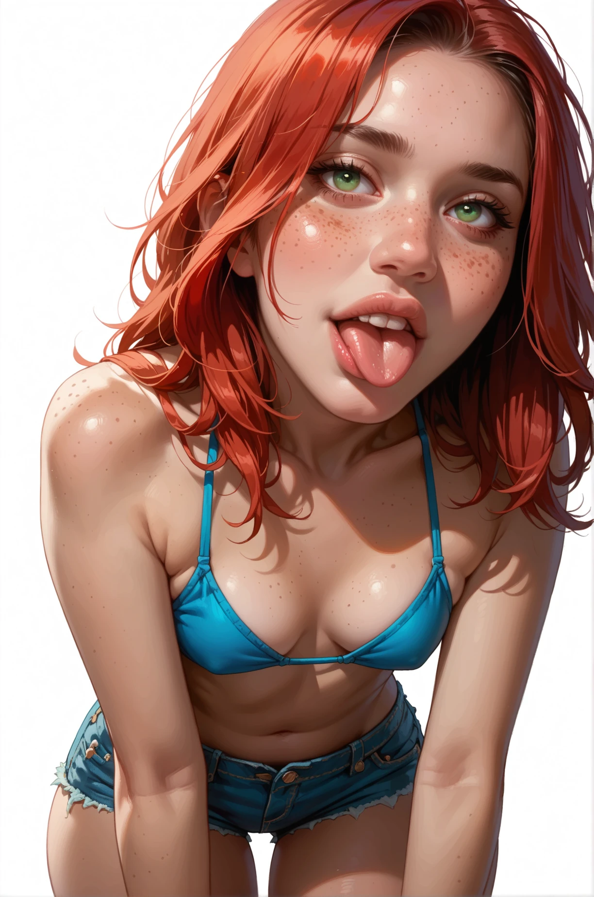 score_9, score_8_up, score_7_up, cartoon of a girl, solo, sexy, slutty, pale skin, freckles, green eyes, red hair, straight hair, denim shorts, blue bikini top, small breast, wide hips, sticking out her tongue, leaning forward, in knees, standing, white background
