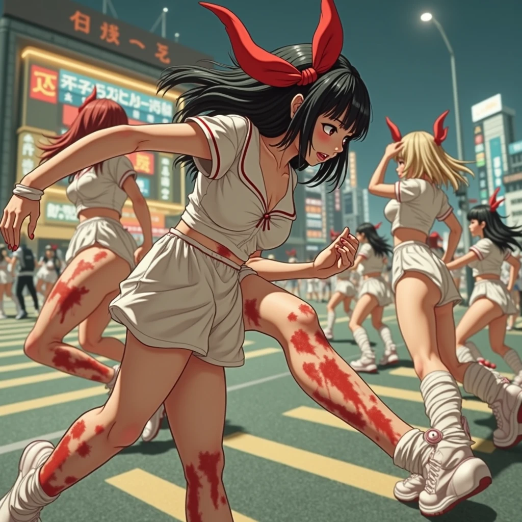 (((SFW, NSFW STILL SHOW, 12 Tiny Girls in a row:1.2, Shibuya Hachiko-mae scramble crossing on Halloween:1.2))), ((masterpiece:1.2, best quality, photorealistic:1.37)), { (Standing Full Body:1.2)|(from below:1.2) }, { bandaged full body }, { bandaged head | bandaged limbs | (( bleeding from pussy )) }, {((naked bandage))|metallic red nipple stickers}, {(bloody)|blood paste|(Blood-stained bandages| bloody inner thighs)}, ((Detailed KAWAII face, Detailed glistening ivory skin)), {Bustling street|Crossroads|(Passerby schoolgirls)| halloween| neon}, {(Childish:1.2|Gigantic Cleavage:1.37|Underboob:1.2)}, {Red leather high collar| Hair ornaments |shotgun|random hair colors}, {Floating hair|Strong wind|(((Ass focus, open thighs)))| (flying magic) | (Skirtlift)}, {(Kissing face to face)|:p|:d|laugh|sparkle|joyful|delighted|Drunk},extremely Detailed,