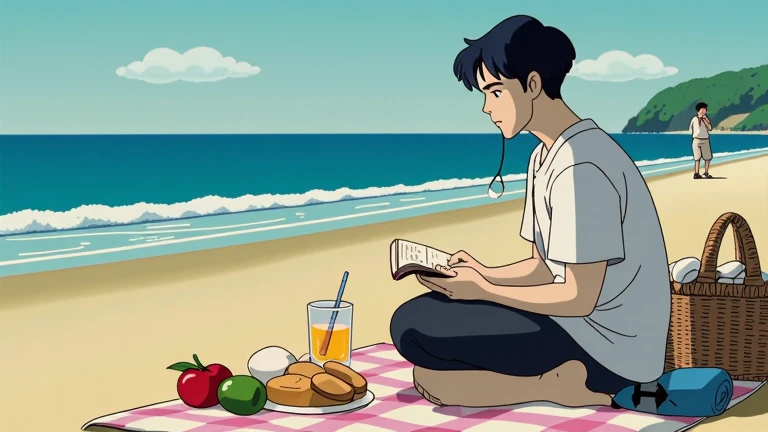  There's an 18-year-old boy in the distance . Oval face,  white skin ,  Blue black hair ,  Deep blue eyes , Curly Hair ,  A well-balanced, muscular body, comfortable clothes . Put on earphones.  He's reading a book while picnicking at the beach.  Cool atmosphere.   Picnic basket and fruit in front of the boy , juice, He has a sandwich .  He's looking at a book . 