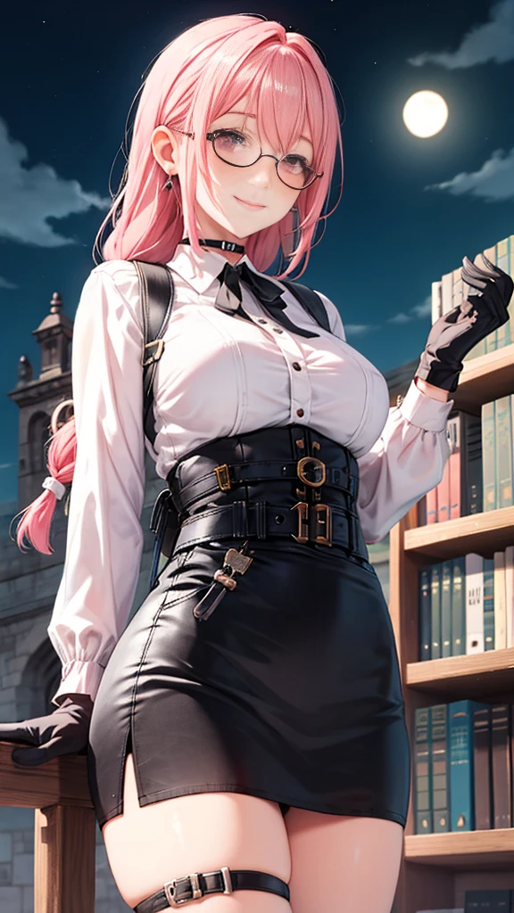 1 girl, Yanagi Tsukishiro , Alone, standing, front view,  watching the spectator,  detailed eyes , pink eyes, glasses,  choker :1.6,  black gloves, high waist miniskirt,  white shirt with collar,  simple shoulder strap , auricular, harness,  neck strap , shy, smile,  gunman shot, biblioteca antigua gothic style, gothic style,  at night, cloudy 