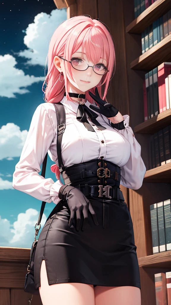 1 girl, Yanagi Tsukishiro , Alone, standing, front view,  watching the spectator,  detailed eyes , pink eyes, glasses,  choker :1.6,  black gloves, high waist miniskirt,  white shirt with collar,  simple shoulder strap , auricular, harness,  neck strap , shy, smile,  gunman shot, biblioteca antigua gothic style, gothic style,  at night, cloudy 