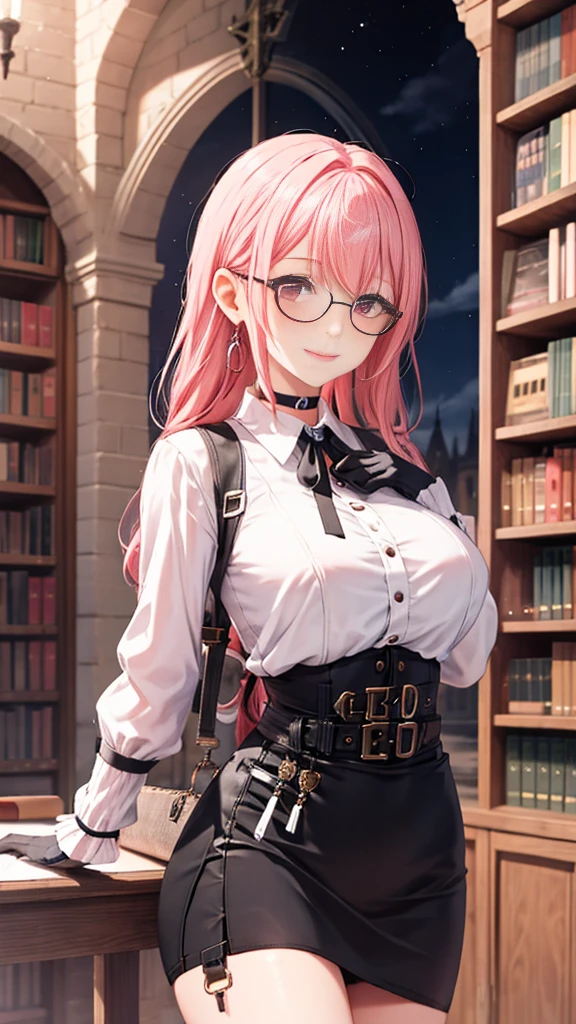 1 girl, Yanagi Tsukishiro , Alone, standing, front view,  watching the spectator,  detailed eyes , pink eyes, glasses,  choker :1.6,  black gloves, high waist miniskirt,  white shirt with collar,  simple shoulder strap , auricular, harness,  neck strap , shy, smile,  gunman shot, biblioteca antigua gothic style, gothic style,  at night, cloudy 