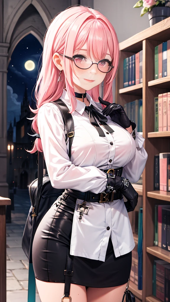 1 girl, Yanagi Tsukishiro , Alone, standing, front view,  watching the spectator,  detailed eyes , pink eyes, glasses,  choker :1.6,  black gloves, high waist miniskirt,  white shirt with collar,  simple shoulder strap , auricular, harness,  neck strap , shy, smile,  gunman shot, biblioteca antigua gothic style, gothic style,  at night, cloudy 