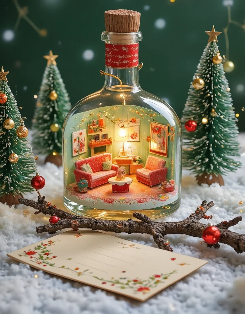 A shabby, miniature lovely the Grinch's living-room with beautiful, detailed shabby chic furnitures are trapped inside a huge whiskey bottle that rests on the snowy winter time pinebranch . A little glitter puff winds through the room, connecting the furnitures. The bottle emits a magical glow, and the neat illustration captures the fantasy and charm of this miniature living-room. The scene feels cozy and enchanted, as if the bottle contains an entire universe hidden away in the tree’s embrace.. The atmosphere is filled with laughter and lighthearted Halloween spirit.,Cardboard art engraving