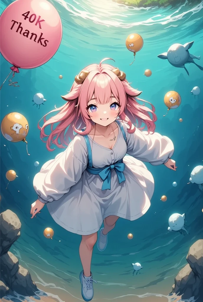 ( super high resolution ,  top quality,  high resolution icons floating in the deep sea),  1 girl,  balloon  "40k thanks":1.5,  long pink fluffy hair, Sheep&#39;s round horns,  thick eyebrows, smile, JK clothes 