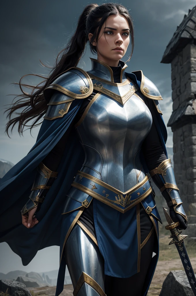 Nordic mature woman with black hair , tied in a ponytail, 32 years old, dressed in blue armor with gold details , dark blue cape, iron armor, Thick thighs holding a sword,  she is leaving her castle in an open field ,  ready for battle , mulher violenta vestida com iron armor azul ciano com detalhes dourados, ela usa uma dark blue cape nas costas, powerful, Norse warrior ,  a legendary warrior ,  a symbol of untamed strength and unwavering loyalty ,  detailed armor , fierce expression,  holding a large sword ,  muscle building ,  metal armor , sword in hand ,  dramatic lighting ,  dramatic poses ,  digital painting , cinematic,  vibrant colors,  gloves , Award-winning art,  conceptual art,HDR,8k