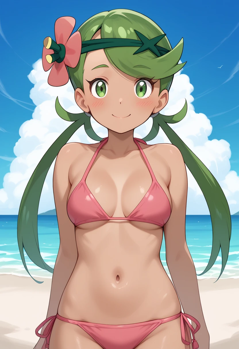 masterpiece, best quality, 1girl, solo, (curvy), cute, eyelashes, (beautiful eyes),
, Mallow, green hair, green eyes, hair flower, hair ornament, looking at viewer, Cute bikini,embarrassing,blush,navel,green bikini,Beach,Blue sky,clouds,
smile, looking at viewer, shiny skin,