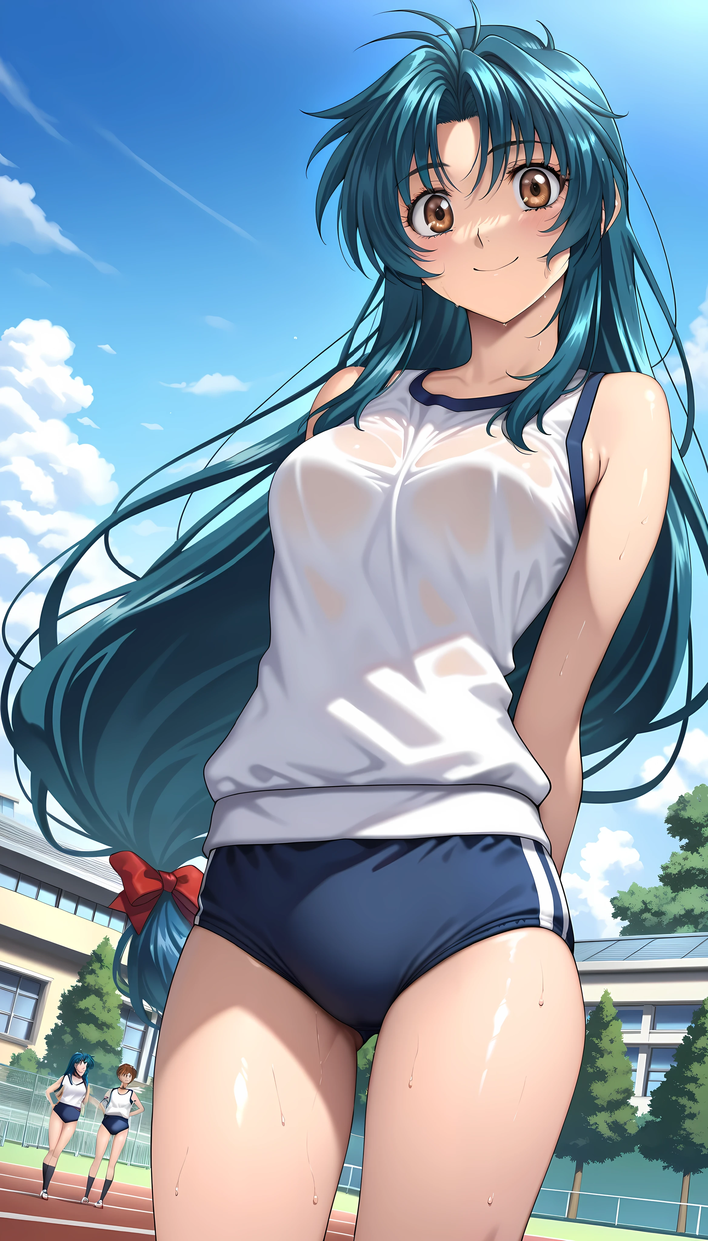 1girl,alone,minami,nanami,best quality,(masterpiece:1.2),detailed,smile,closed mouth,blue hair,blue eyes,long hair,ponytail,black sports top,crop top,off shoulders,cleavage, bare back, black sports shorts, short shorts, bare legs, white shoes, big breasts, medium waist, wide hips, medium thighs, round butt, park, leafy, sunny, clouds, good lighting, standing in the sand, seductive, smiling, mouth closed, looking at viewer, looking back, from behind, ass focus, pov (from below), good lighting, perfect anatomy, perfect hands,