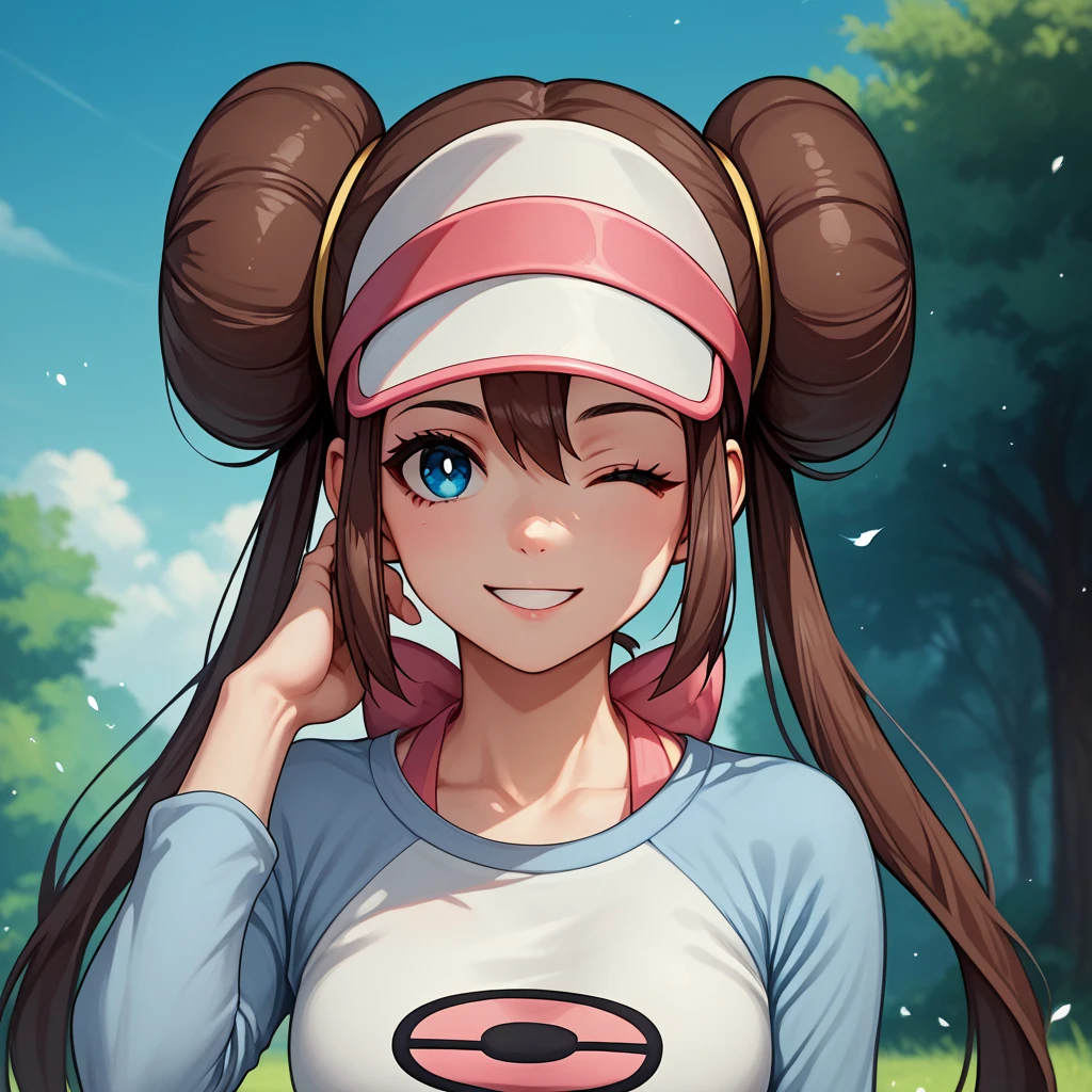 score_9, score_8_up, score_7_up, source_anime, 1girl, solo, outdoors, rosa, smile, one eye closed, hand in head, portrait, face focus, brown hair, double bun, doughnut hair bun, hair bun, blue eyes, hair between eyes, twintails, raglan sleeves, white shirt, blue sleeves, long sleeves, visor cap, looking at viewer, 