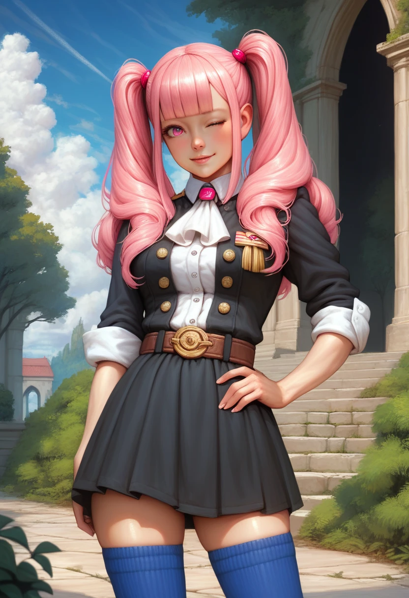 masterpiece, best quality, realistic, solo, 1girl, h1ldadef, :d, looking at viewer, hand on own hip, v over eye, long hair, pink hair, blunt bangs, twintails, pink eyes, one eye closed, garreg mach monastery uniform, short dress, black dress, buttons, brown belt, white shirt, white ascot, sleeves rolled up, blue thighhighs, arch, blue sky, cloud, bush, sunlight, stone floor
