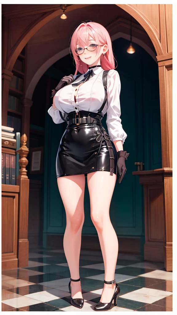 1 girl, Yanagi Tsukishiro , Alone, standing, front view,  watching the spectator,  big breasts,  detailed eyes , pink eyes,  simple shoulder strap , auricular, harness, wears glasses,  choker :1.6,  black gloves, shiny high-waisted miniskirt,  white shirt with collar,  simple shoulder strap , auricular, harness,  neck strap , shy, smile,  gunman shot, biblioteca antigua gothic style, gothic style,  at night, cloudy 