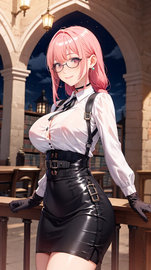 1 girl, Yanagi Tsukishiro , Alone, standing, front view,  watching the spectator,  big breasts,  detailed eyes , pink eyes,  simple shoulder strap , auricular, harness, wears glasses,  choker :1.6,  black gloves, shiny high-waisted miniskirt,  white shirt with collar,  simple shoulder strap , auricular, harness,  neck strap , shy, smile,  gunman shot, biblioteca antigua gothic style, gothic style,  at night, cloudy 