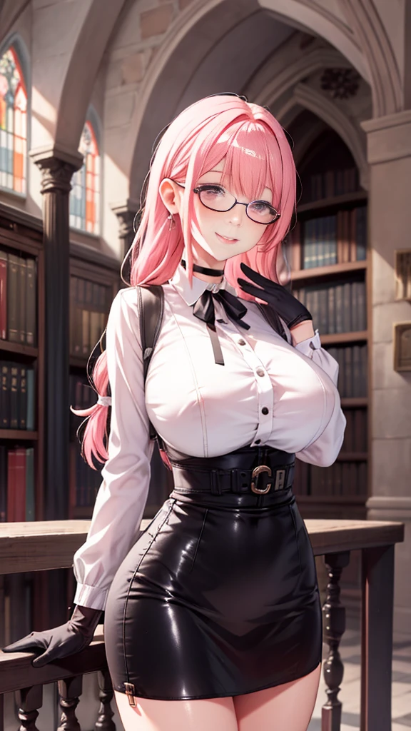 1 girl, Yanagi Tsukishiro , Alone, standing, front view,  watching the spectator,  big breasts,  detailed eyes , pink eyes,  simple shoulder strap , auricular, harness, wears glasses,  choker :1.6,  black gloves, shiny high-waisted miniskirt,  white shirt with collar,  simple shoulder strap , auricular, harness,  neck strap , shy, smile,  gunman shot, biblioteca antigua gothic style, gothic style,  at night, cloudy 