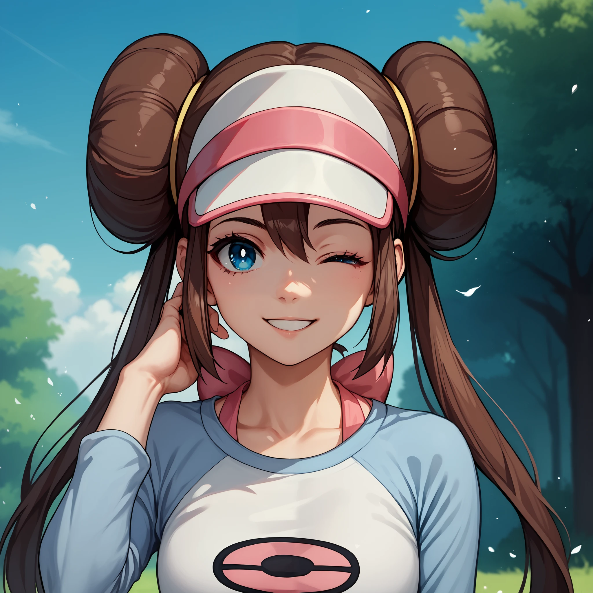 score_9, score_8_up, score_7_up, source_anime, 1girl, solo, outdoors, rosa, smile, one eye closed, hand in head, portrait, face focus, brown hair, double bun, doughnut hair bun, hair bun, blue eyes, hair between eyes, twintails, raglan sleeves, white shirt, blue sleeves, long sleeves, visor cap, looking at viewer, 