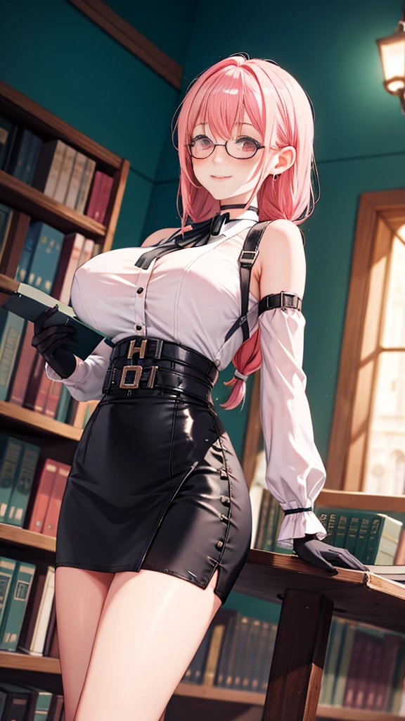 1 girl, Yanagi Tsukishiro , Alone, standing, front view,  watching the spectator,  big breasts,  detailed eyes , pink eyes,  simple shoulder strap , auricular, harness, wears glasses,  choker :1.6,  black gloves, shiny high-waisted miniskirt,  white shirt with collar,  simple shoulder strap , auricular, harness,  neck strap , shy, smile,  gunman shot, biblioteca antigua gothic style, gothic style,  at night