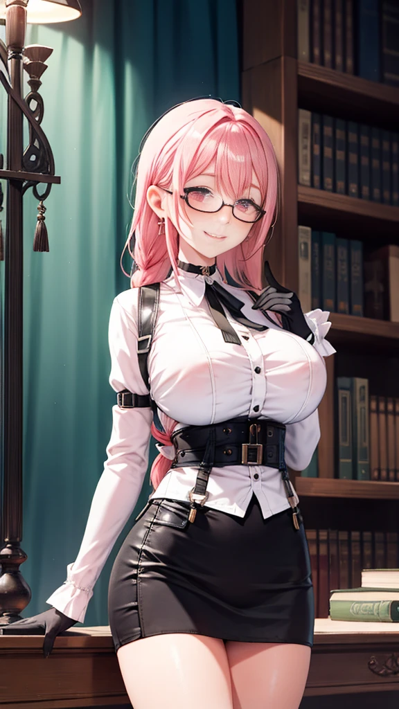 1 girl, Yanagi Tsukishiro , Alone, standing, front view,  watching the spectator,  big breasts,  detailed eyes , pink eyes,  simple shoulder strap , auricular, harness, wears glasses,  choker :1.6,  black gloves, shiny high-waisted miniskirt,  white shirt with collar,  simple shoulder strap , auricular, harness,  neck strap , shy, smile,  gunman shot, biblioteca antigua gothic style, gothic style,  at night