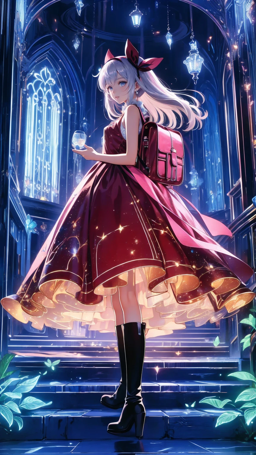  anime style 、story、、 beautiful girl、とてもcute天使、 red backpack 、cute、baby face、smile、 Long Skirt、Black long boots、Very cute headband、Very cute dress
