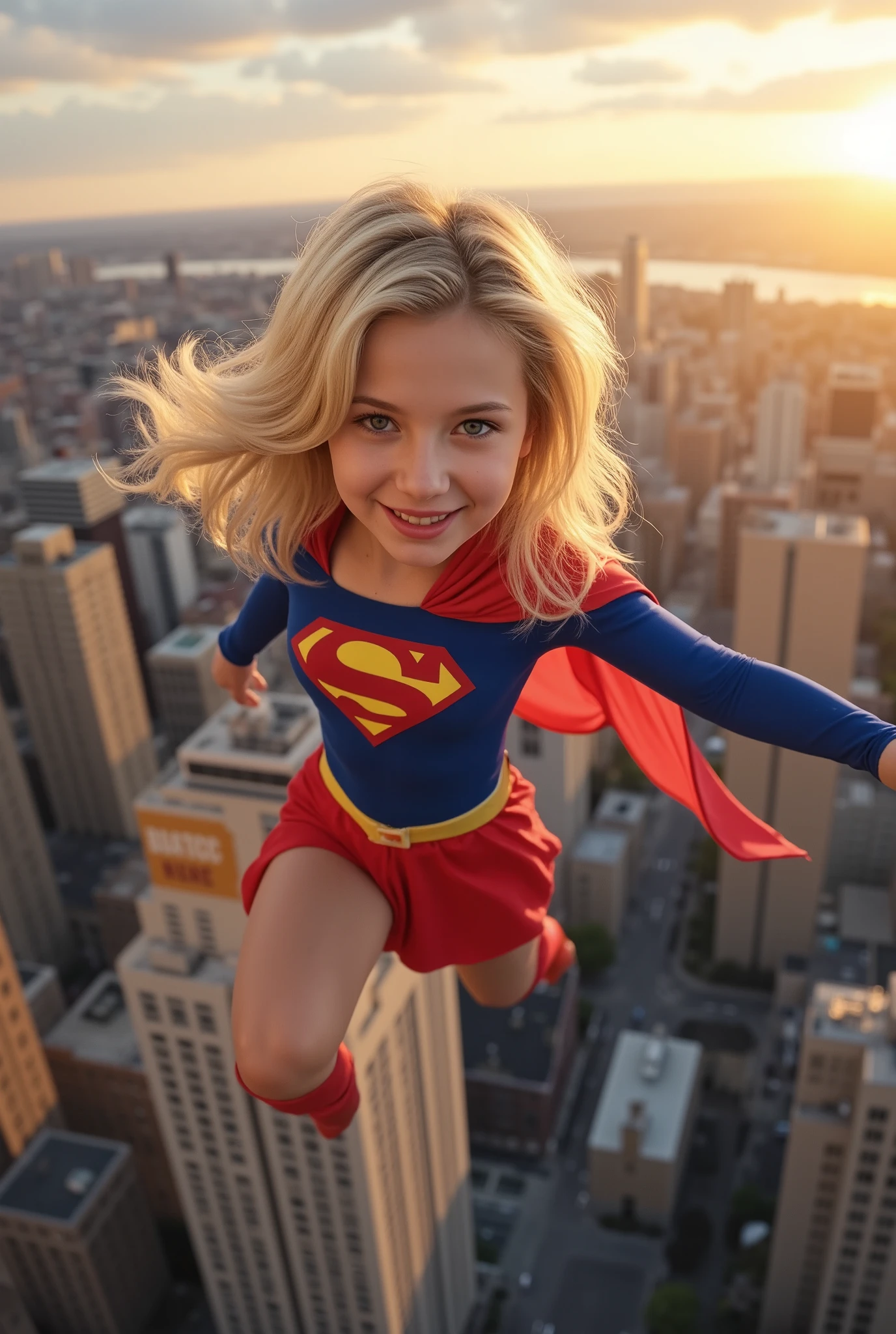Cute supergirl, blonde, flying over the city, photorealistic - SeaArt AI