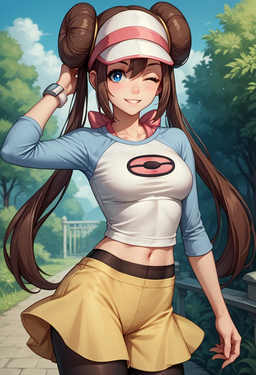 score_9, score_8_up, score_7_up, source_anime, 1girl, solo, outdoors, rosa, navel, smile, one eye closed, hand in head, brown hair, double bun, doughnut hair bun, hair bun, blue eyes, hair between eyes, twintails, pantyhose, pantyhose under shorts, raglan sleeves, skirt, yellow skirt, white shirt, blue sleeves, long sleeves, visor cap, looking at viewer, cowboy shot,