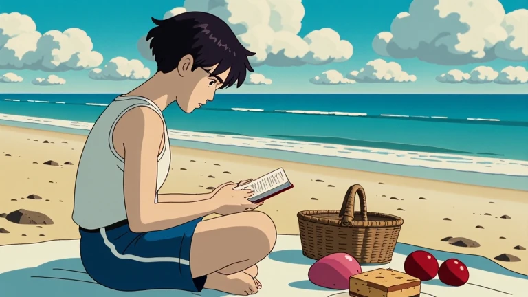  There's an 18-year-old boy in the distance . Oval face,  white skin ,  Blue black hair ,  Deep blue eyes , Curly Hair ,  A well-balanced, muscular body, comfortable clothes .  He's reading a book while picnicking at the beach.  Cool atmosphere.  Picnic basket and fruit lunch in front of boy, He has a sandwich .  He's looking at a book . 